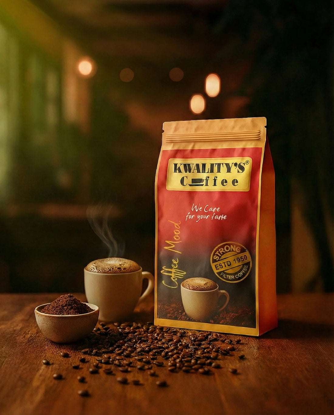 Kwalitys Coffee Mood pouch surrounded by roasted coffee beans, ground coffee powder bowl, and frothy coffee cup