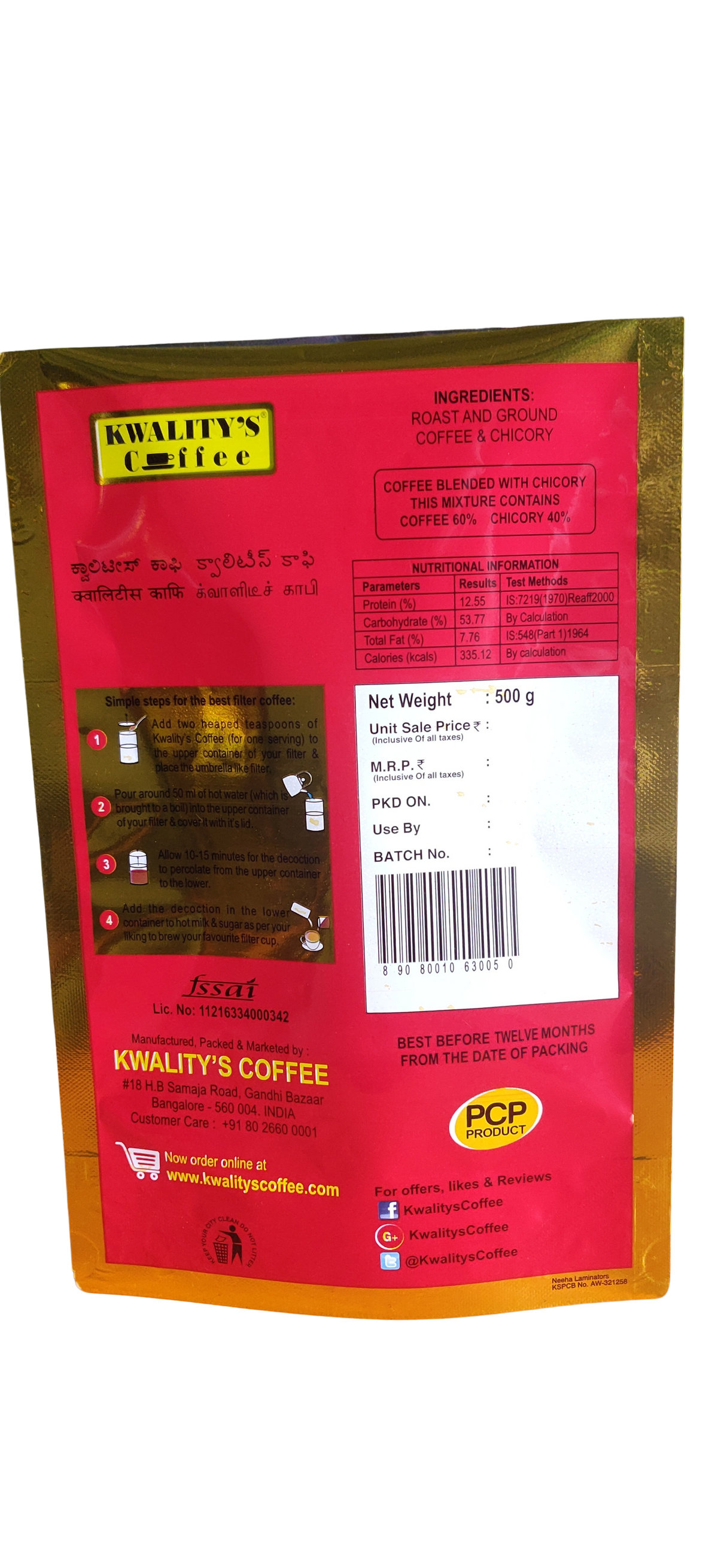 Back view of Kwalitys Coffee Mood pouch showing brewing instructions and product details