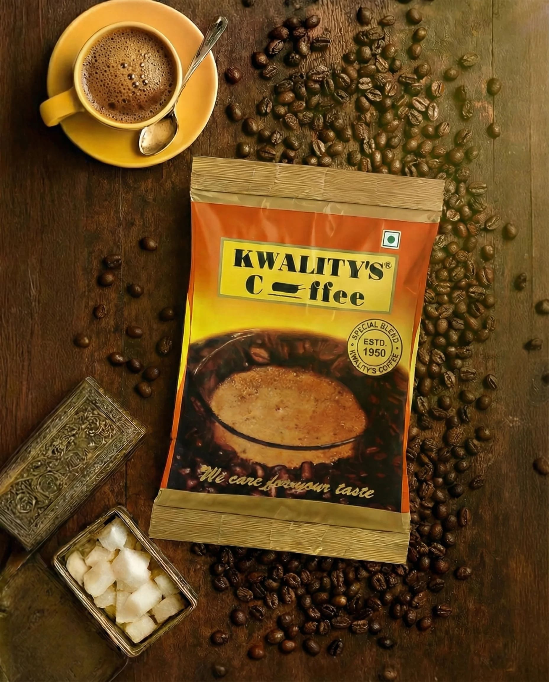 Kwality's Premium South Indian Filter Coffee Powder packet on a rustic wooden table surrounded by roasted beans and a cup of fresh coffee.
