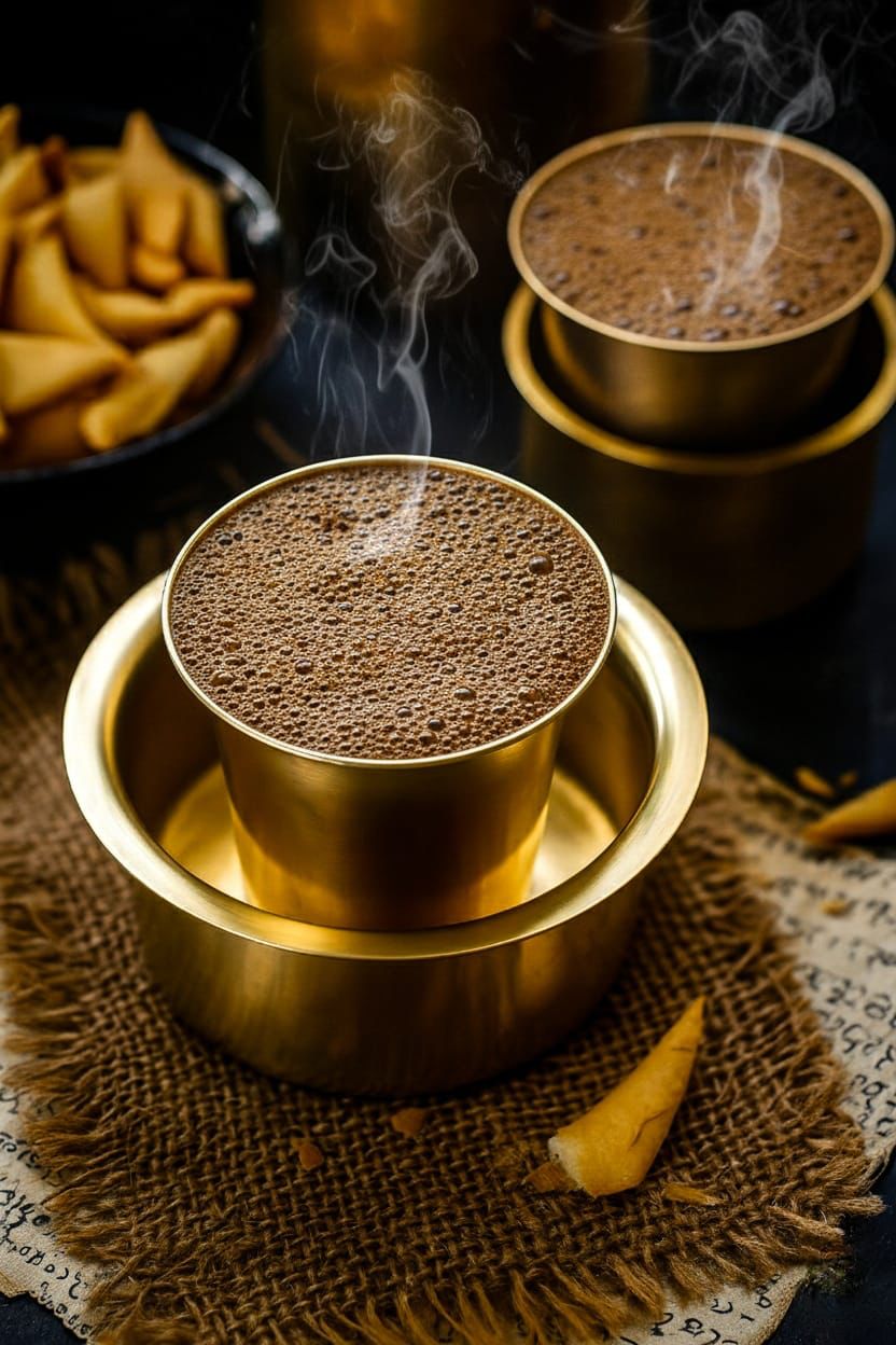 Steaming frothy filter coffee served in a traditional brass dabara tumbler set brewed with Kwalitys Coffee Mood